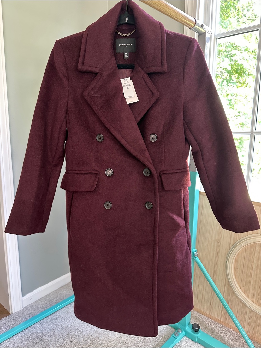 Banana Republic Factory Wine Double-Breasted Wool-Blend Below the Knee Coat